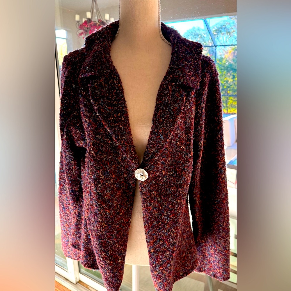 Cozy flattering variegated purple cardigan with large mother of pearl button